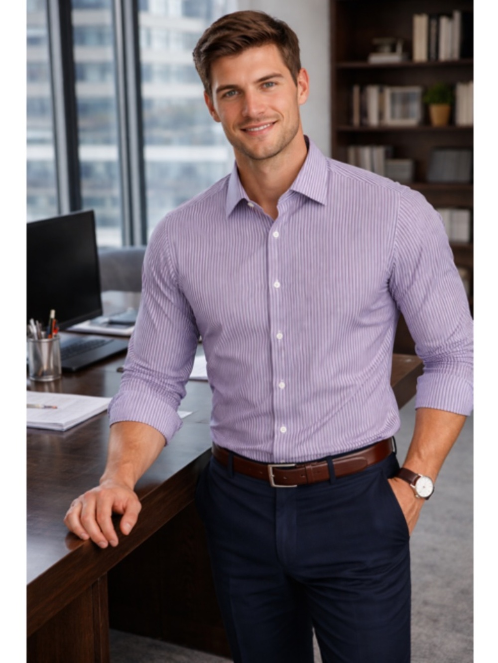 SAKS FIFTH AVENUE Plum Stripe Open Collar Dress Shirt
